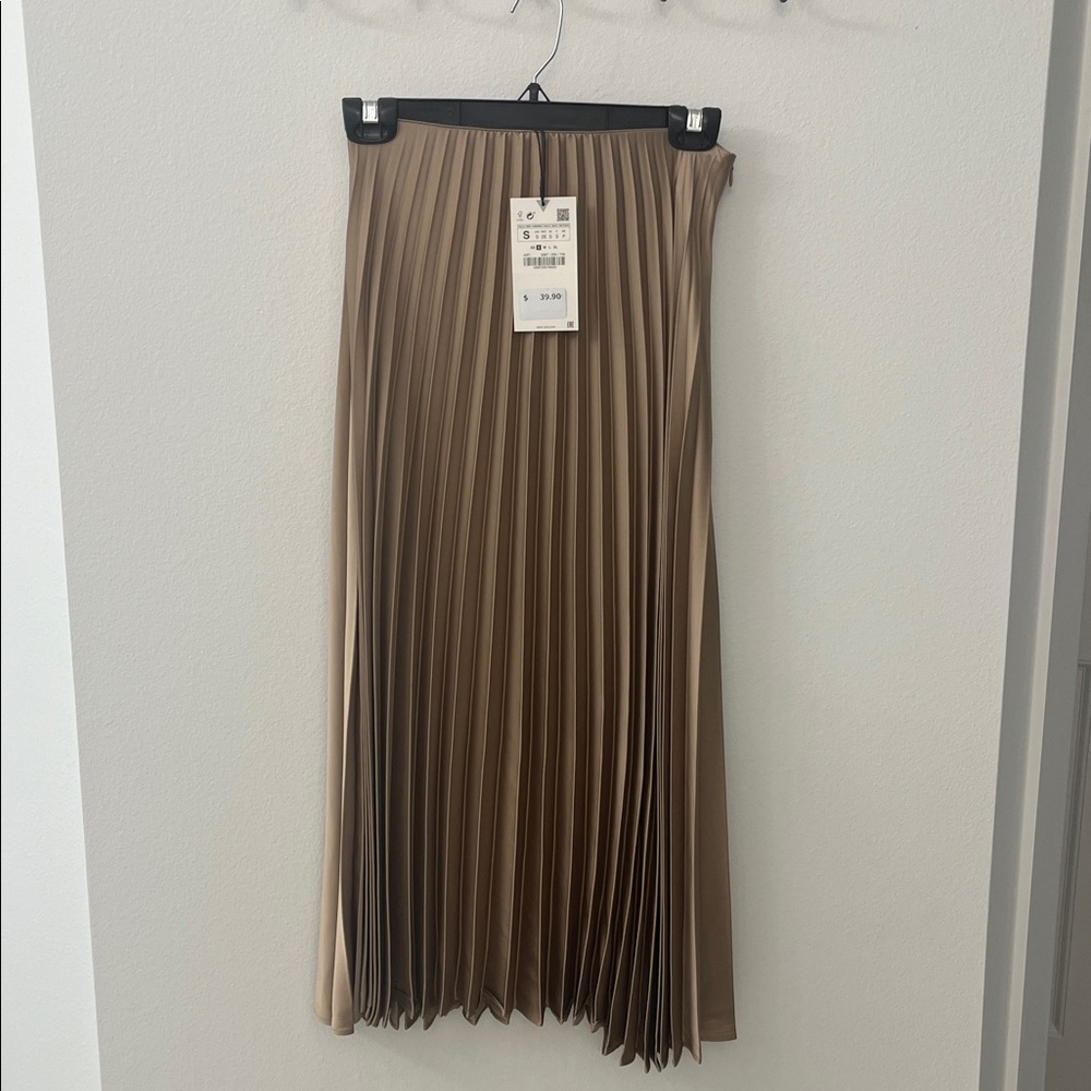 Zara Tan Pleated Midi Skirt